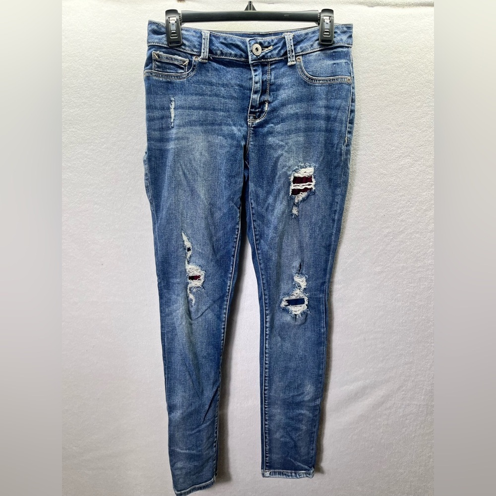 Maurices Distressed Flannel Jegging Jeans Womens S Blue Denim Stretch Pants 2479